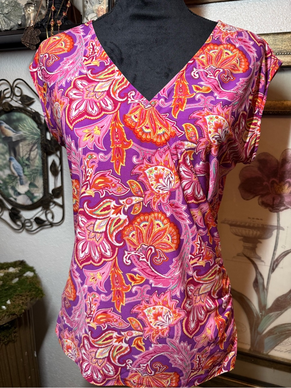 Chaps Paisley Sleeveless Faux Wrap Top Purple Pink Orange Floral •Size L•